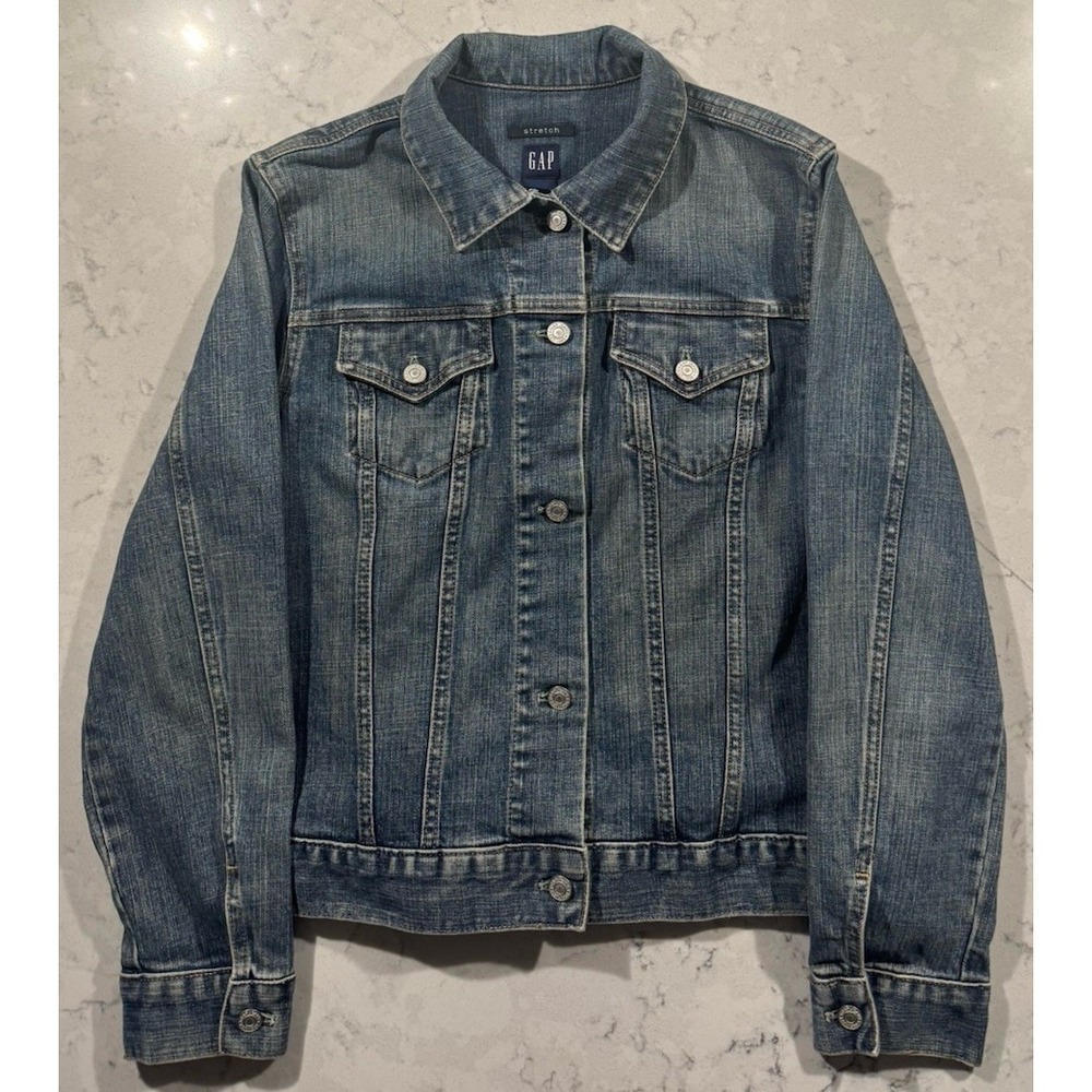 VTG Y2K GAP Denim Jacket Womens Large Blue Medium Wash Stretch Trucker